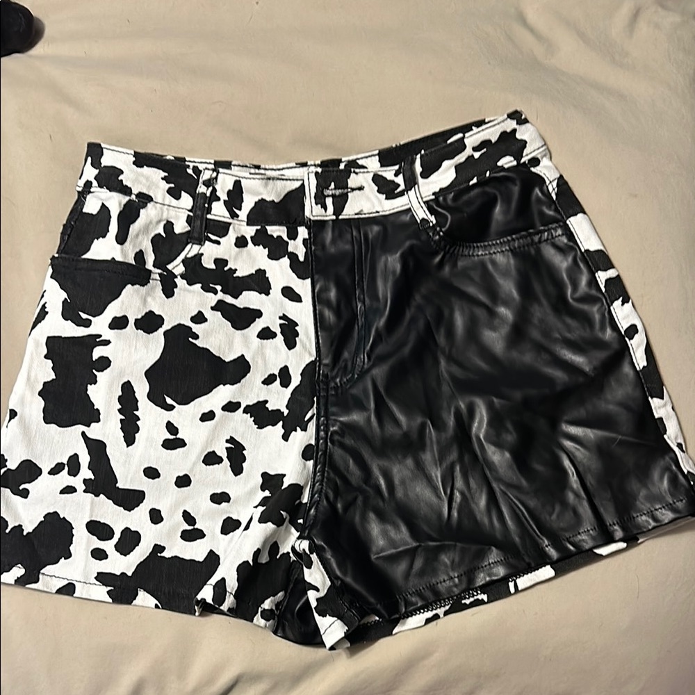 NWT Black and White half faux leather Cow Print Shorts